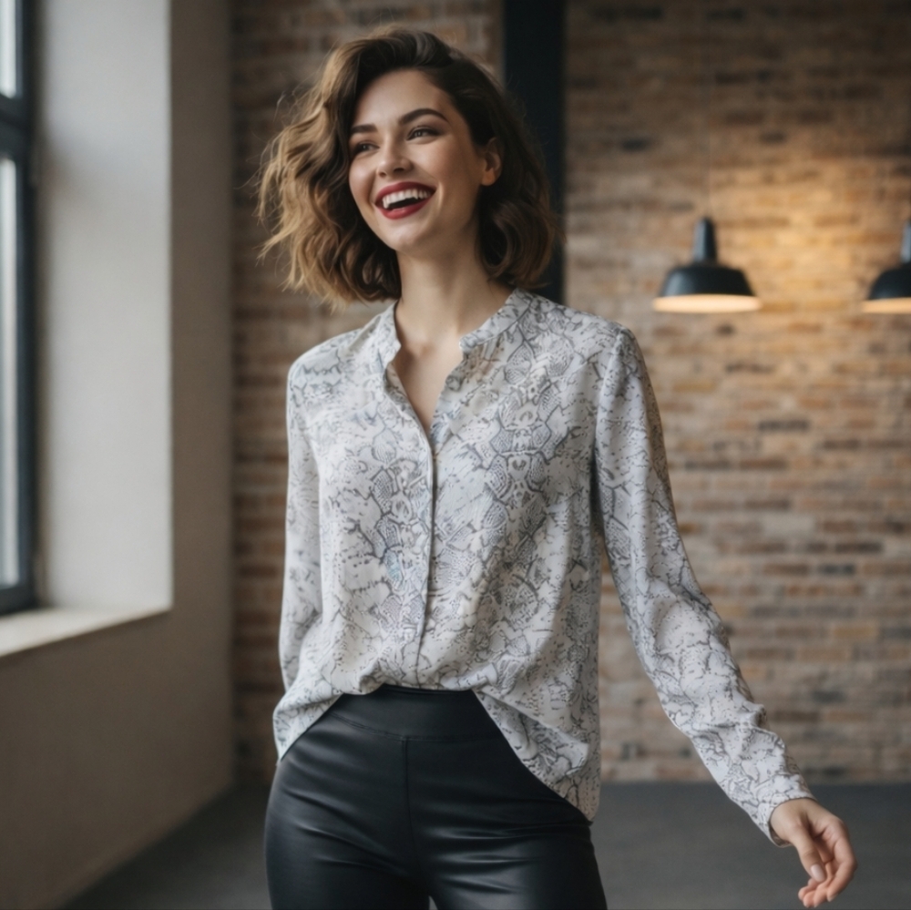 Dalia Gray and White Snakeskin Print Blouse / Top